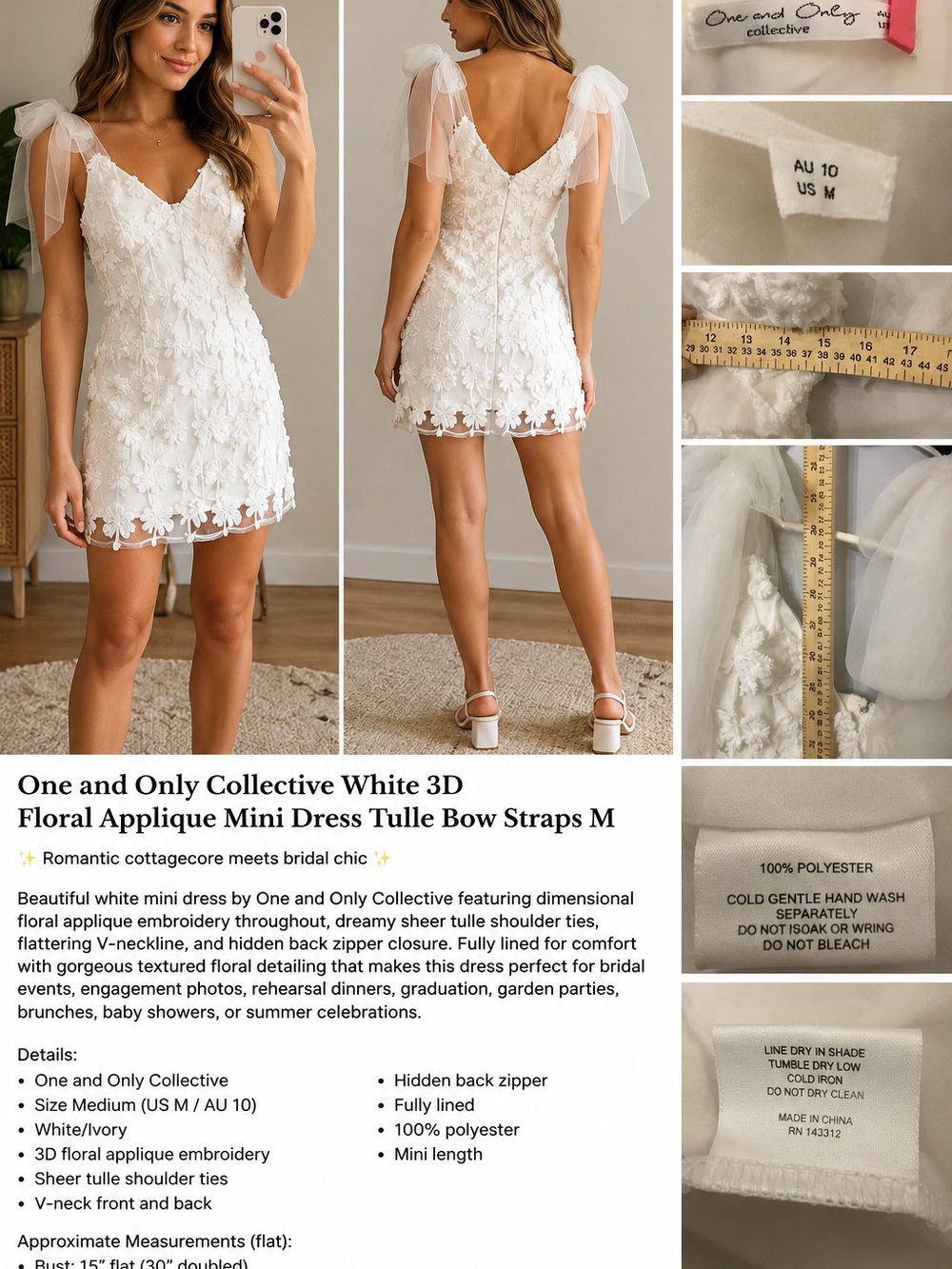 Ivory Floral Appliqué Sheer Tie-Shoulder Mini Dress